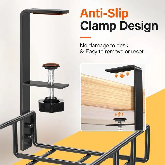 Alt view image 5 of 5 - 3 Pack Cable Management Under Desk Tray, 47.1" No Drill Under Desk Wire Management with Upgraded Clamp, Metal Cord Organizers with Cable Organizers, PC Cord Organization Rack, Black