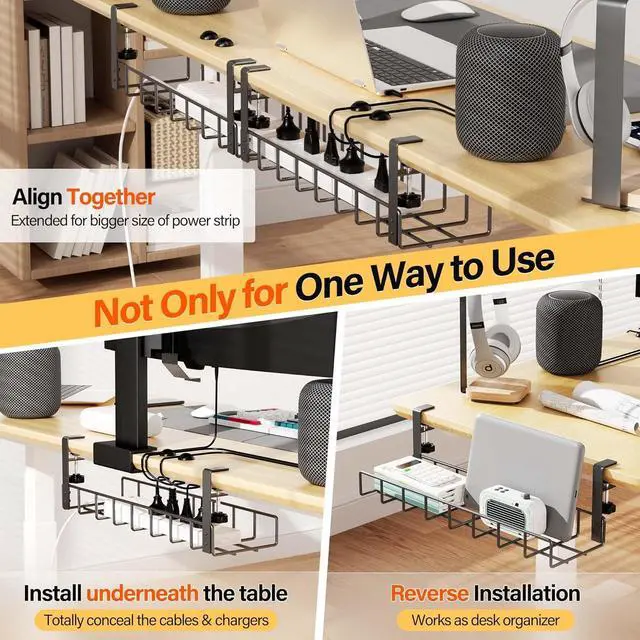 Alt view image 4 of 5 - 3 Pack Cable Management Under Desk Tray, 47.1" No Drill Under Desk Wire Management with Upgraded Clamp, Metal Cord Organizers with Cable Organizers, PC Cord Organization Rack, Black