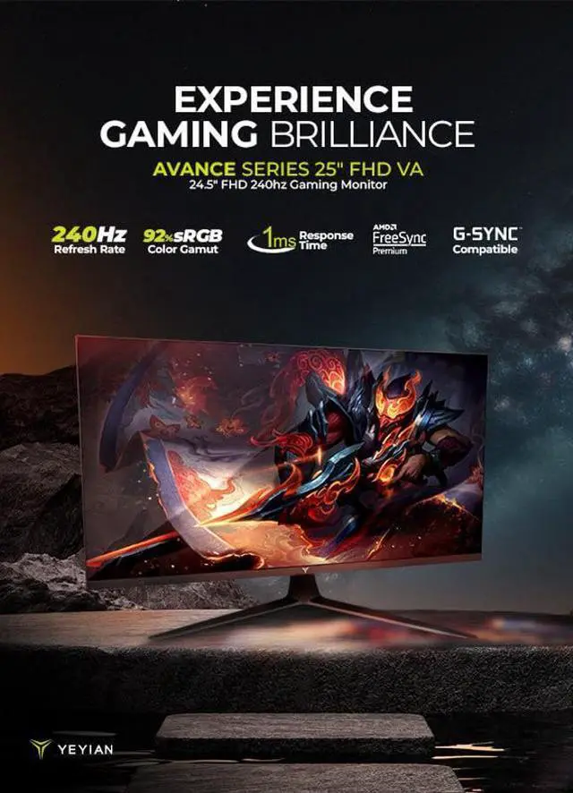 Alt view image 2 of 5 - 25 inch Gaming Monitor 1080P FHD 240Hz 1ms, YEYIAN 24.5" Flat Framless PC Monitors, 92% sRGB VA Screen Computer Monitor, HDR 10, HDMI x2, DP, Freesync Premium, Adaptive G-Sync, VESA Mount, Tilt Adjust