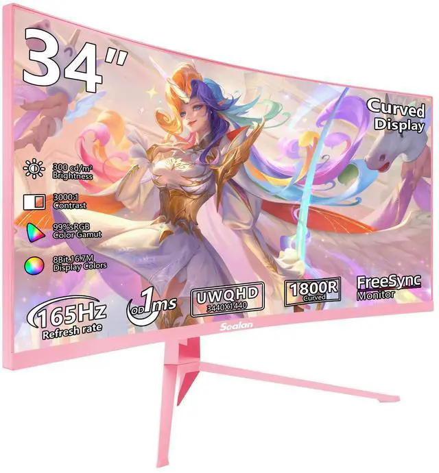 Main image of Sealan 34 inch Curved Ultrawide Gaming Monitor 165Hz Pink,3440x1440 21:9 UWQHD, 1ms(MPRT),1500R, PIP/PBP,HDR400, 99% sRGB,300nits, FreeSync, HDMI2.0(TMDS) x2,DP1.4 x2, Eye Care