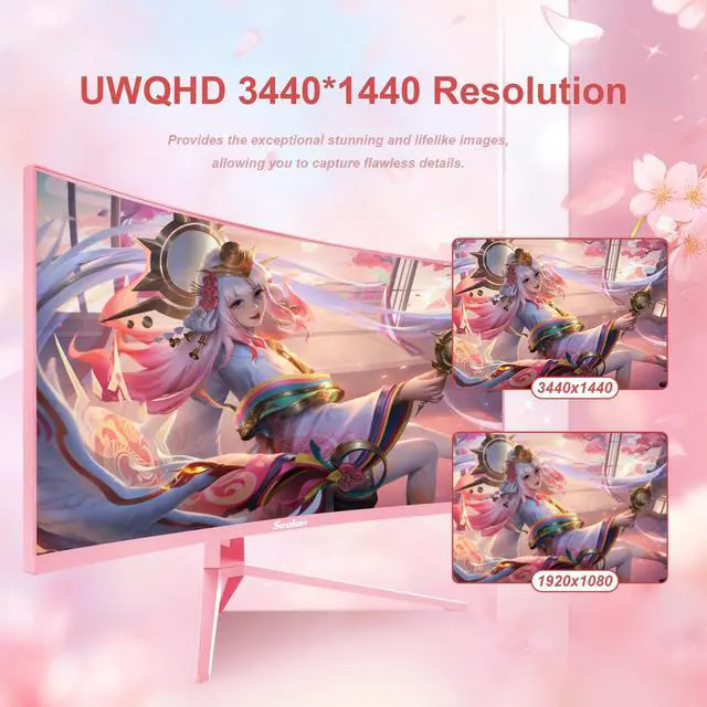 Alt view image 2 of 5 - Sealan 34 inch Curved Ultrawide Gaming Monitor 165Hz Pink,3440x1440 21:9 UWQHD, 1ms(MPRT),1500R, PIP/PBP,HDR400, 99% sRGB,300nits, FreeSync, HDMI2.0(TMDS) x2,DP1.4 x2, Eye Care