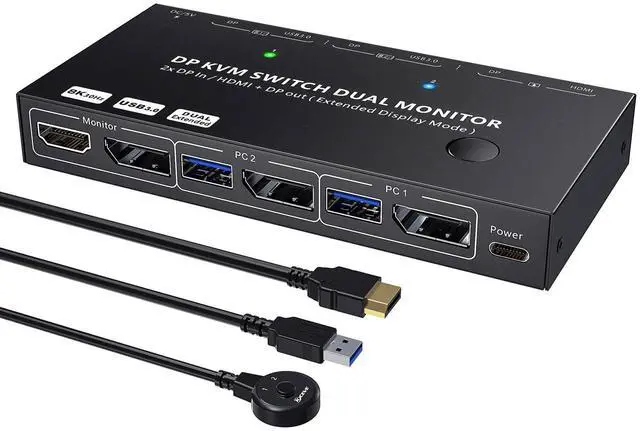 Main image of KCEVE 4K KVM Switch 2 Monitors 2 Computers HDMI DP, USB 3.0 KVM Switch Dual Monitor 4K@60Hz MST for 2 Computer Share Keyboard Mouse, with Wired Remote