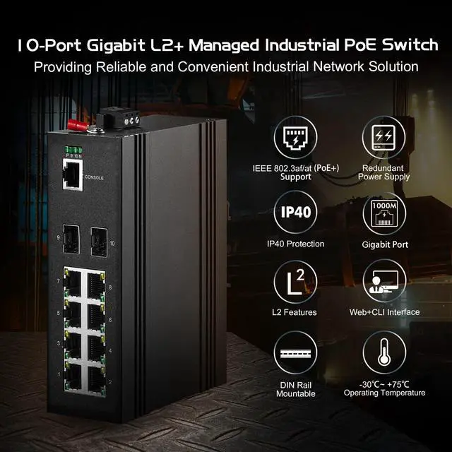 Alt view image 2 of 5 - 10 Port Gigabit Industrial Managed PoE Switch, 8 PoE, 2 SFP, IEEE802.3AF/at, Vlan|Route|Ring|ACL|Qos L2+ Web/Console Binardat IP40 DIN-Rail Switch