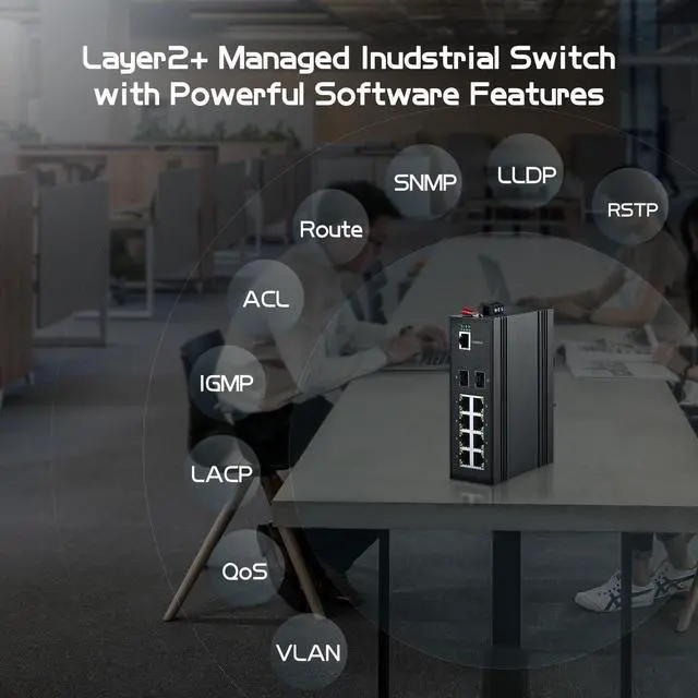 Alt view image 4 of 5 - 10 Port Gigabit Industrial Managed PoE Switch, 8 PoE, 2 SFP, IEEE802.3AF/at, Vlan|Route|Ring|ACL|Qos L2+ Web/Console Binardat IP40 DIN-Rail Switch