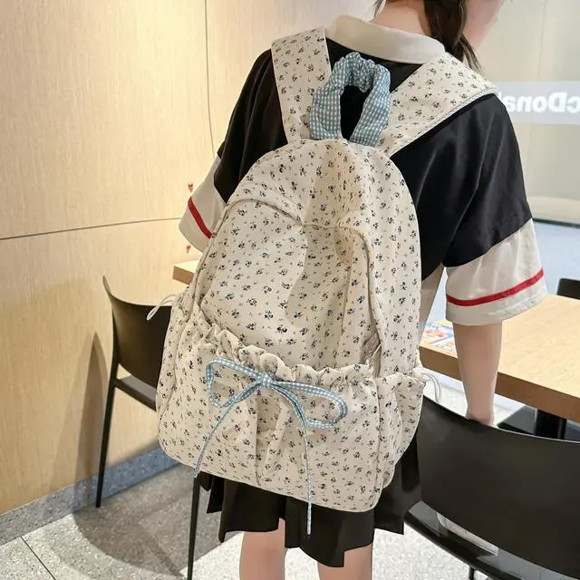 Alt view image 3 of 5 - Cute Aesthetic Bow Backpack for Women Kawaii Floral Print Preppy College Book Bag Trendy Coquette Laptop Daypack (Blue)