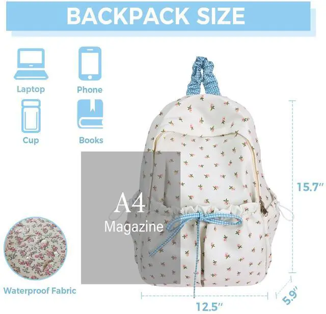 Alt view image 5 of 5 - Cute Aesthetic Bow Backpack for Women Kawaii Floral Print Preppy College Book Bag Trendy Coquette Laptop Daypack (Blue)