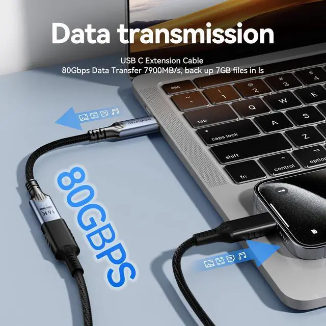 Alt view image 2 of 5 - Long 6.6ft/2M USB C to usb c Extension Cable Compatible with Thunderbolt 5, high Speed 80gbps Data Transfer,240w USB 5.0 type c Male to Female Extension Cable 5A Fast Charging,8K/16K Video Display