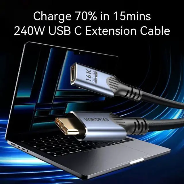 Alt view image 5 of 5 - Long 6.6ft/2M USB C to usb c Extension Cable Compatible with Thunderbolt 5, high Speed 80gbps Data Transfer,240w USB 5.0 type c Male to Female Extension Cable 5A Fast Charging,8K/16K Video Display