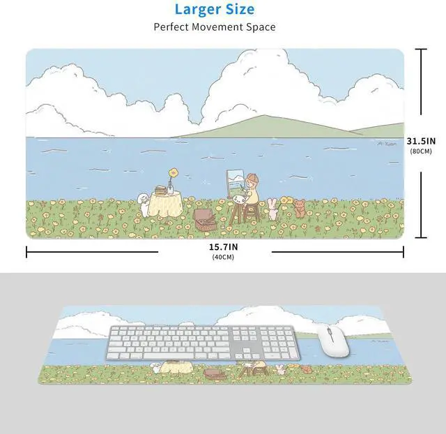 Alt view image 2 of 5 - MAYCARI Cute Desk Mat Kawaii Mousepad, Anime Aesthetics Desk Pad XXL Cute Green Blue Nature Mouse Pad Computer Keyboard Mat, Office Desk Pad Protector 31.5"X15.7"