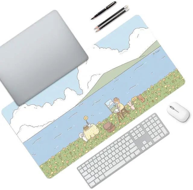 Alt view image 3 of 5 - MAYCARI Cute Desk Mat Kawaii Mousepad, Anime Aesthetics Desk Pad XXL Cute Green Blue Nature Mouse Pad Computer Keyboard Mat, Office Desk Pad Protector 31.5"X15.7"