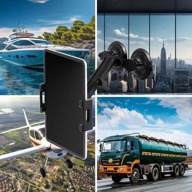 Alt view image 2 of 5 - Aluminum Tablet Holder with Dual Suction Cup Base for Truck Car/Boat Windshield, Tablet Stand Fits iPad Air 13", iPad Pro 12.9" and Other 4.7-15" Tablets, Mount on Window Bathroom Mirror