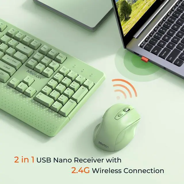 Alt view image 2 of 5 - MEETION Green Wireless Keyboard and Mouse, 2.4G USB Receiver Plug-and-Play, Computer Keyboard with Wrist Support, 3 Level DPI Mouse, Long Time Lasting Battery for PC/Mac/Windows/Laptop, Green