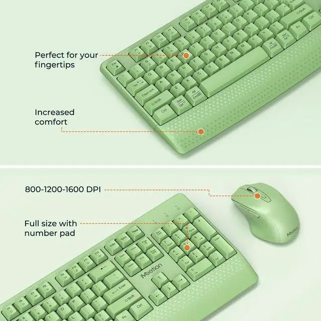 Alt view image 3 of 5 - MEETION Green Wireless Keyboard and Mouse, 2.4G USB Receiver Plug-and-Play, Computer Keyboard with Wrist Support, 3 Level DPI Mouse, Long Time Lasting Battery for PC/Mac/Windows/Laptop, Green