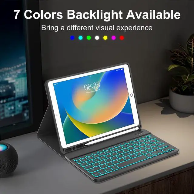 Alt view image 3 of 5 - WINCHKING Keyboard Case for iPad 9th Generation 10.22021,7-Color Backlight,Wireless Detachable Keyboard iPad Folio Case for 8th Gen (2020),7th Gen (2019),Air 3rd,Pro 10.5 with Pencil Holder (Black)