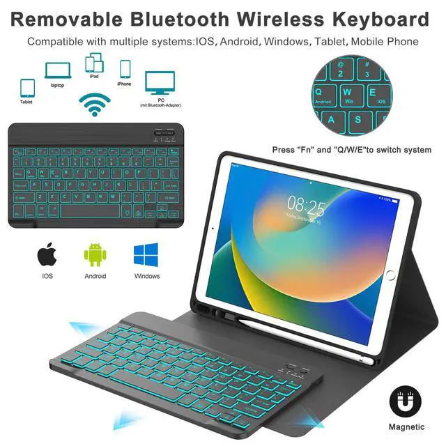 Alt view image 4 of 5 - WINCHKING Keyboard Case for iPad 9th Generation 10.22021,7-Color Backlight,Wireless Detachable Keyboard iPad Folio Case for 8th Gen (2020),7th Gen (2019),Air 3rd,Pro 10.5 with Pencil Holder (Black)