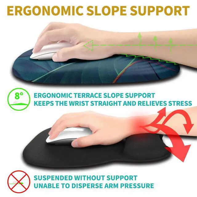 Alt view image 3 of 5 - Hokafenle Ergonomic Mouse Pad Wrist Support with Stepped-Wedge Design, Wrist Rest Pain Relief Mousepad Filled with Memory Foam, Carpal Tunnel Mousepad for Wireless Mouse(12x8 inch, Green Leaves)