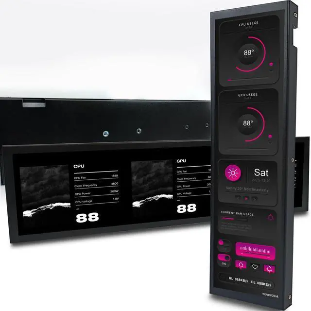 Main image of WOWNOVA 9.2" LCD Screen Inside PC Case Computer Temp Monitor Screen, 1 Click 1 Cable to Get Started Quickly PC Temperature Display IPS Sensor Panel CPU RAM HDD Data FPS Mini Monitor (Black)