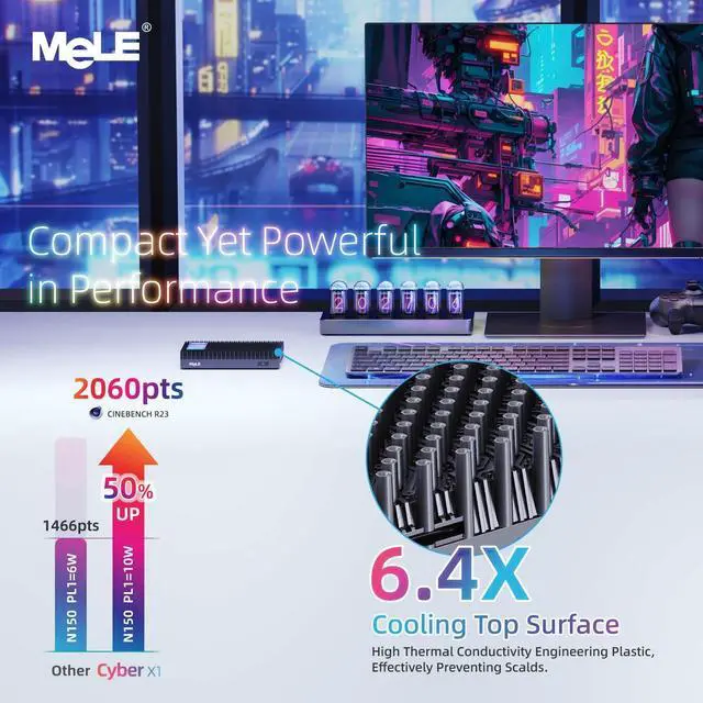 Alt view image 3 of 5 - MeLE Fanless Mini PC N150 16GB RAM LPDDR5 512GB SSD,Win11 Pro Small Micro Desktop Computer Cyber X1,Dual HDMI,Support 4K Triple Display,USB 3.2x3,USB-C,WiFi5 BT5.1,Portable PC on Industrial Business