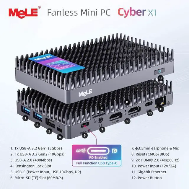 Alt view image 5 of 5 - MeLE Fanless Mini PC N150 16GB RAM LPDDR5 512GB SSD,Win11 Pro Small Micro Desktop Computer Cyber X1,Dual HDMI,Support 4K Triple Display,USB 3.2x3,USB-C,WiFi5 BT5.1,Portable PC on Industrial Business