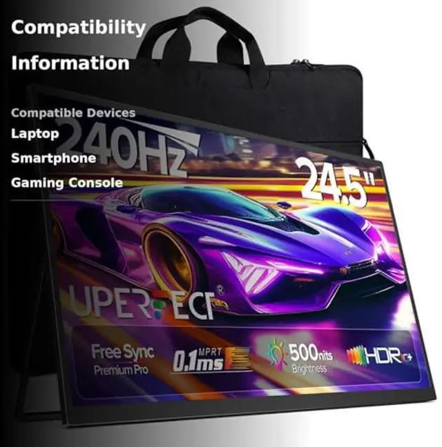 Alt view image 3 of 5 - UPERFECT 24.5" Portable Monitor 240Hz Gaming Monitor 1200:1 Contrast FreeSync 1ms Fast IPS Large Screen, Built-in 180° Adjustable Stand/VESA, USB-C HDMI Second Screen for Laptop, Phone, Game Console