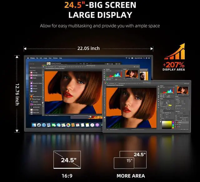 Alt view image 4 of 5 - UPERFECT 24.5" Portable Monitor 240Hz Gaming Monitor 1200:1 Contrast FreeSync 1ms Fast IPS Large Screen, Built-in 180° Adjustable Stand/VESA, USB-C HDMI Second Screen for Laptop, Phone, Game Console