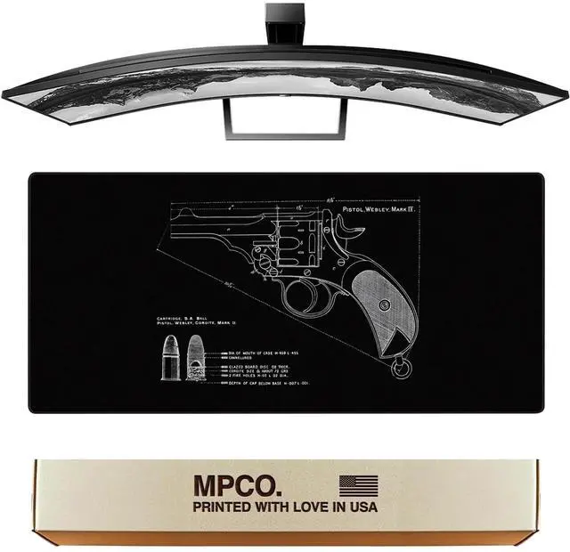 Main image of MPCO. Blueprints Large Gaming Desk Pad - 36" x 17" Aeroglyde Fabric Pistol Webly Mark IV  Black Desk Mats - Non-Slip, Washable, Smooth Glide for Precision Gaming & Work