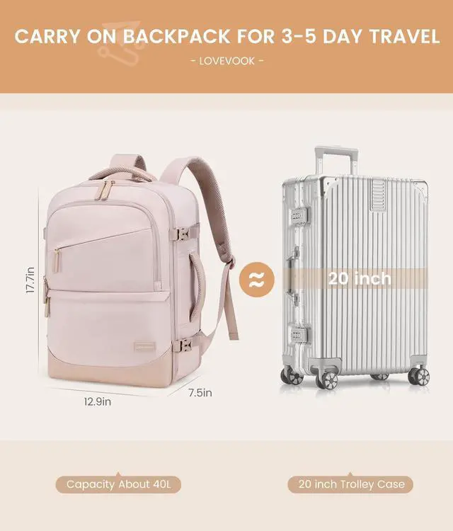 Alt view image 4 of 5 - LOVEVOOK Travel Backpack for Women & Men, 40L Carry on Backpack Airline Approved, Large TSA Personal Item Travel Bag fits 17.3" Laptop, Business Weekender Bag for Essentials, 4Pcs