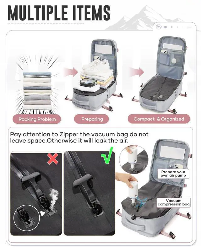 Alt view image 3 of 5 - Vacuum Backpack with Pump for Women Men, Compression Backpack for Travel, Vacpack for School Business Trip, Lightweight Airback Backpacks with Vacuum Seal, Carry On Bag for Airport( Gray Large)