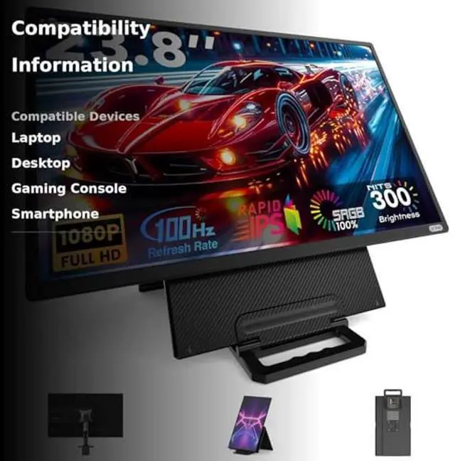 Alt view image 3 of 5 - Laptop Screen Extender, 23.8'' 1080P FHD 100HZ IPS Portable Monitor, Travel Monitor for Work Home Gaming, Landscape & Portrait Display, Compatible with Wins/Mac/Linux & MINI PC/Switch/PS5/Smart Phone