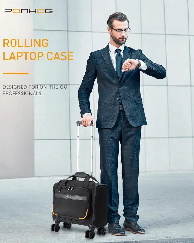 Alt view image 2 of 5 - Ponhog Rolling Laptop Bag - Rolling Briefcase with 4 Spinner Wheels, 15.6 Inch 1680D Nylon Water Resistant Computer Bag for Men and Women Work Travel, Black (Black, 15.6in)