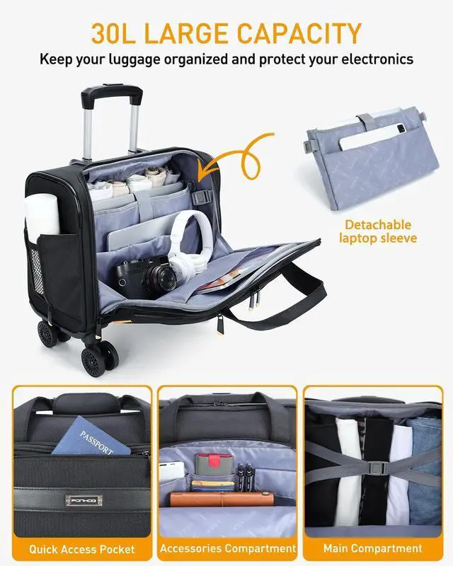 Alt view image 3 of 5 - Ponhog Rolling Laptop Bag - Rolling Briefcase with 4 Spinner Wheels, 15.6 Inch 1680D Nylon Water Resistant Computer Bag for Men and Women Work Travel, Black (Black, 15.6in)