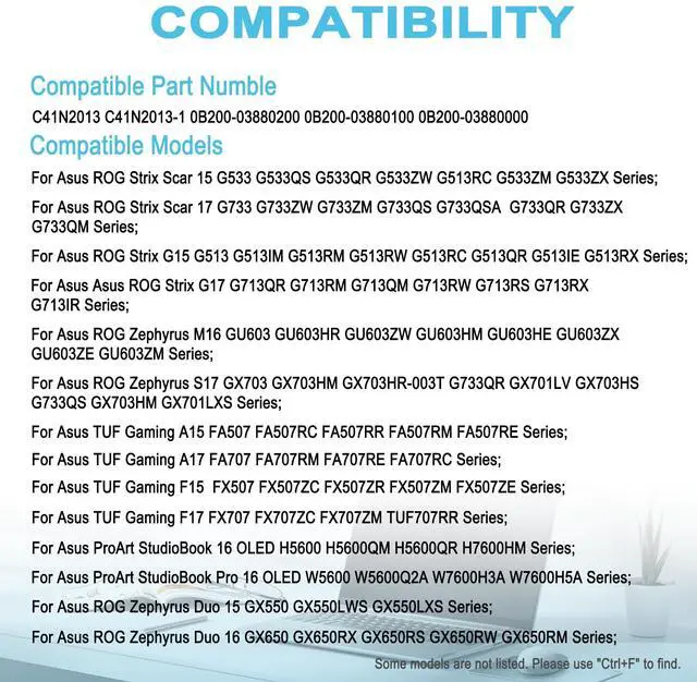 Alt view image 5 of 5 - C41N2013 Replacement Laptop Battery for Asus TUF GAMING A15 FA507 FX507 A17 707 ROG Strix Scar G533 G733 Strix G15 G513 G17 G713 G713PI Zephyrus S17 GX703 / M16 GU603 /G15 GA503 ProArt C41N2013-1