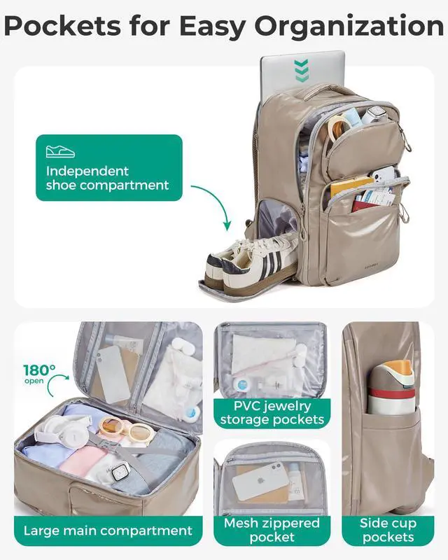 Alt view image 3 of 5 - BAGSMART 30L Travel Backpack, 15.6 Inch Carry On Backpack Flight Approved, Personal Item Travel Bag, Water Resistant Weekender Bag Daypack, Camel