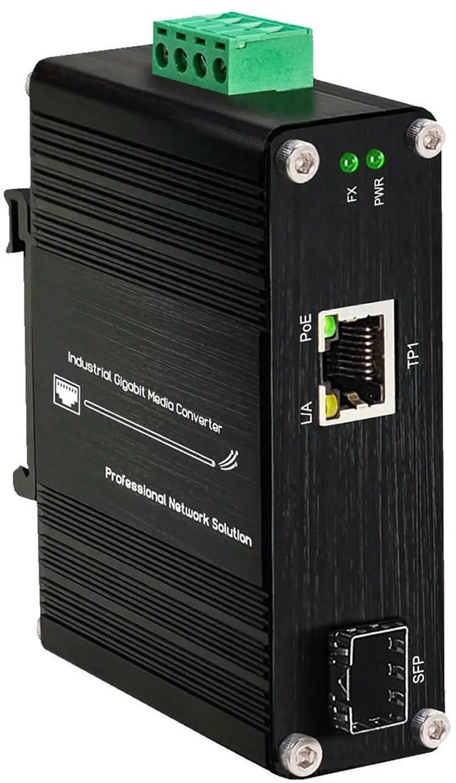Main image of Mini Industrial 30W PoE+ Media Converter  DIN-Rail or Wall-Mount, 100/1000BASE-X SFP to 10/100/1000BASE-T, Full/Half-Duplex, IEEE 802.3af/at,-40°F to 167°F Operating Temperature