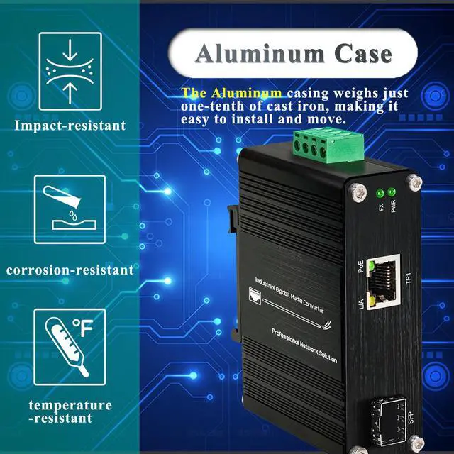 Alt view image 2 of 5 - Mini Industrial 30W PoE+ Media Converter  DIN-Rail or Wall-Mount, 100/1000BASE-X SFP to 10/100/1000BASE-T, Full/Half-Duplex, IEEE 802.3af/at,-40°F to 167°F Operating Temperature