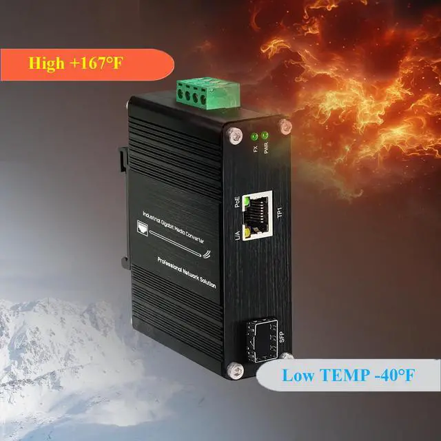 Alt view image 5 of 5 - Mini Industrial 30W PoE+ Media Converter  DIN-Rail or Wall-Mount, 100/1000BASE-X SFP to 10/100/1000BASE-T, Full/Half-Duplex, IEEE 802.3af/at,-40°F to 167°F Operating Temperature