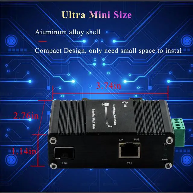 Alt view image 3 of 5 - Mini Industrial 30W PoE+ Media Converter  DIN-Rail or Wall-Mount, 100/1000BASE-X SFP to 10/100/1000BASE-T, Full/Half-Duplex, IEEE 802.3af/at,-40°F to 167°F Operating Temperature