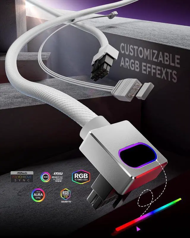 Alt view image 2 of 5 - AsiaHorse Hydrus-16PIN GPU PSU Extension Cable ARGB Light, Copper Wire Motherboard Power Extension Cable Integrated Minimalist Design, 2000W Power (Whole Set), PC Power Cord for RTX 4070, 4080, 4090