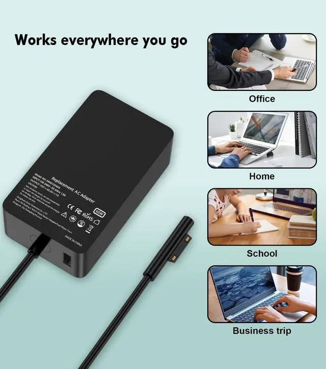 Alt view image 3 of 4 - 65W Replacement for Surface Pro 7 Charger Microsoft Surface Pro 11,10, 9, 8, 7+, 7, 6, 5, 4, 3, X, Go, Laptop 7, 6, 5, 4, 3, Studio, Book 3, 2, 1, Tablet Computer 65W AC Adapter Power Supply 44W, 36W