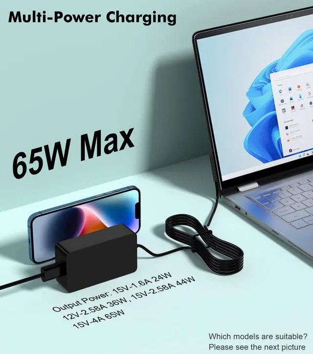 Alt view image 4 of 4 - 65W Replacement for Surface Pro 7 Charger Microsoft Surface Pro 11,10, 9, 8, 7+, 7, 6, 5, 4, 3, X, Go, Laptop 7, 6, 5, 4, 3, Studio, Book 3, 2, 1, Tablet Computer 65W AC Adapter Power Supply 44W, 36W