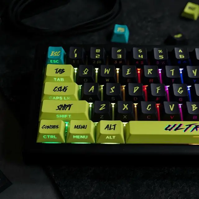 Alt view image 2 of 5 - ULTRAEQUIP PBT Keycaps V2 Cyberpunk Keycaps Shine Through Side Printed Thick Cherry Profile 130 Keys Dye Sub Custom Set for ISO ANSI 60 65 75 100 Percent Mechanical Keyboard -Cyber Lemon v2