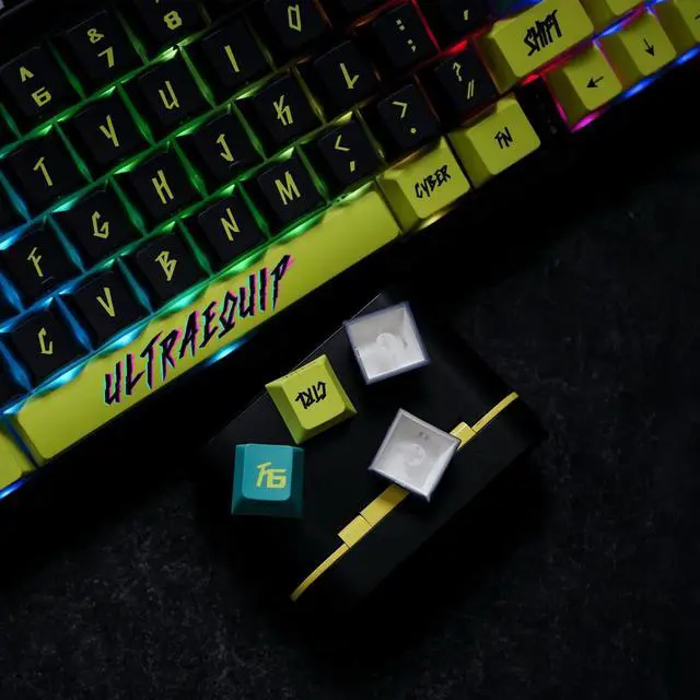 Alt view image 4 of 5 - ULTRAEQUIP PBT Keycaps V2 Cyberpunk Keycaps Shine Through Side Printed Thick Cherry Profile 130 Keys Dye Sub Custom Set for ISO ANSI 60 65 75 100 Percent Mechanical Keyboard -Cyber Lemon v2