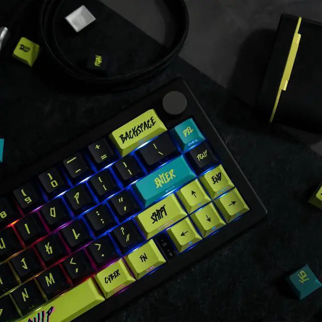 Alt view image 3 of 5 - ULTRAEQUIP PBT Keycaps V2 Cyberpunk Keycaps Shine Through Side Printed Thick Cherry Profile 130 Keys Dye Sub Custom Set for ISO ANSI 60 65 75 100 Percent Mechanical Keyboard -Cyber Lemon v2