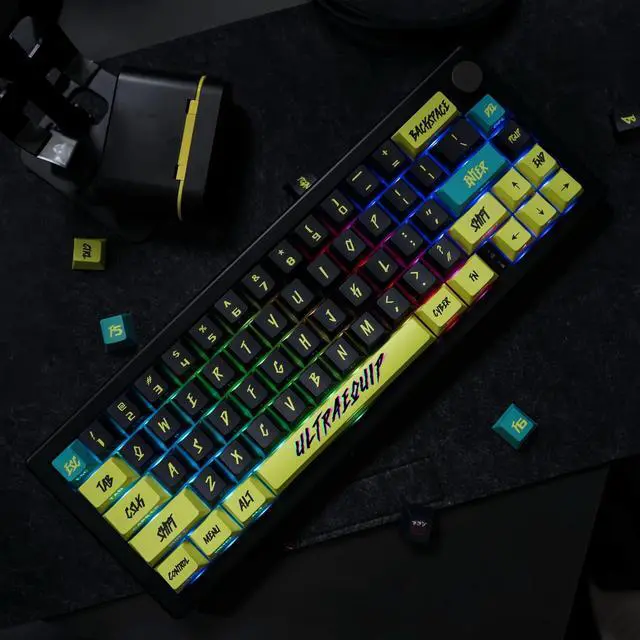 Alt view image 5 of 5 - ULTRAEQUIP PBT Keycaps V2 Cyberpunk Keycaps Shine Through Side Printed Thick Cherry Profile 130 Keys Dye Sub Custom Set for ISO ANSI 60 65 75 100 Percent Mechanical Keyboard -Cyber Lemon v2