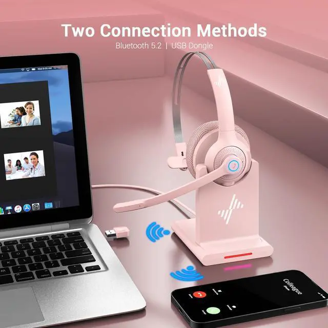 Alt view image 3 of 5 - JIAMQISHI Bluetooth Wireless Headset with Mic for Work, Clear Call, Bluetooth 5.2, Special Charging Base, Mic Mute Function, USB Dongle, Applicable to PC, Laptop, Phone, Android, Zoom, Office