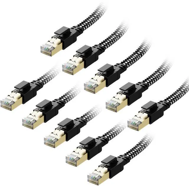 Main image of Cat 8 Ethernet Cable 3 ft 10-Pack, Nylon Braided High Speed Heavy Duty Network LAN Patch Cord, 40Gbps 2000Mhz RJ45 Flat Internet Cable Shielded in Wall, Indoor&Outdoor for Modem/Router/PC