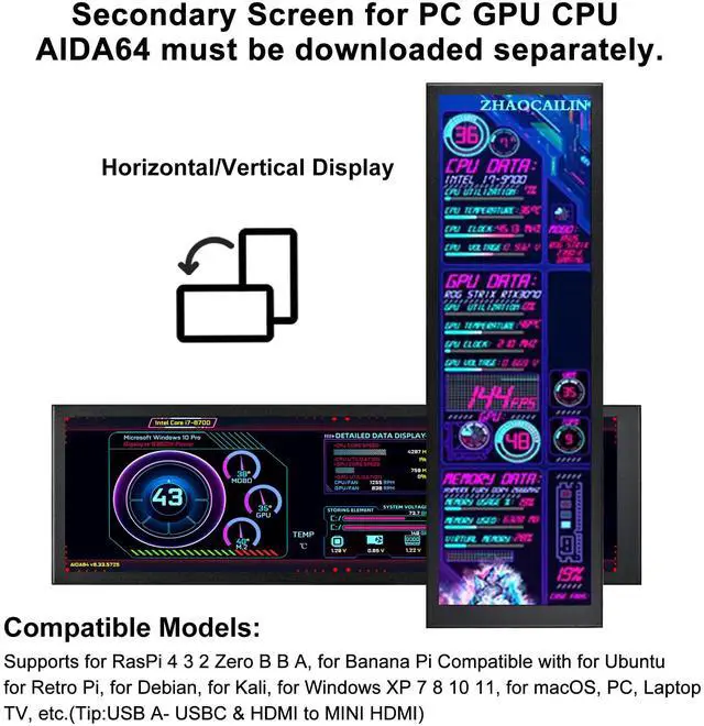 Alt view image 5 of 5 - ZHAOCAILIN 8.8 Inch FHD Computer Secondary Screen IPS 1920x480 LCD Display CPU Temperature Monitor with Casing for Computer Case Temperature Windows Aida64 CPU GPU Monitor