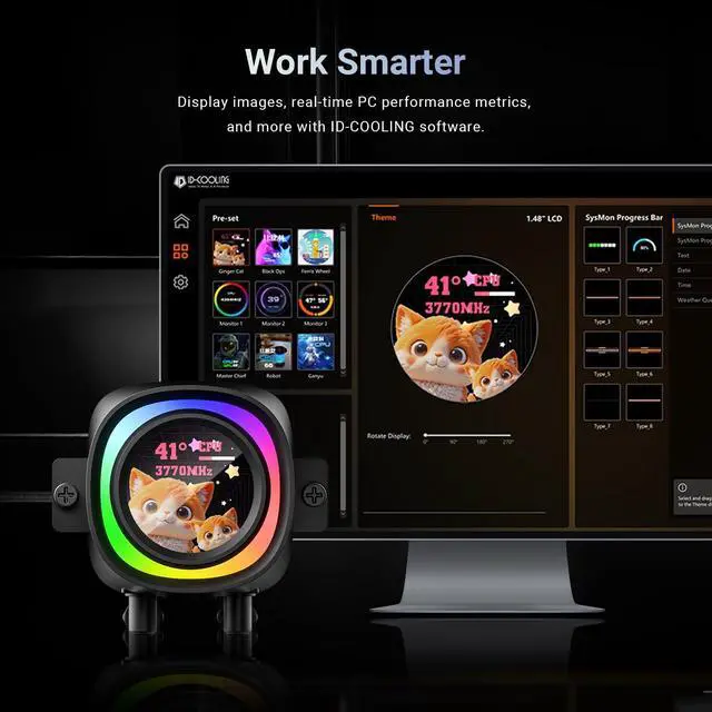 Alt view image 3 of 5 - ID-COOLING FX360 LCD  Premium 360mm AIO Liquid CPU Cooler with 1.48 Full-Color LCD Display, 350W TDP, Intel LGA1851/1700 & AMD AM5/AM4 Support