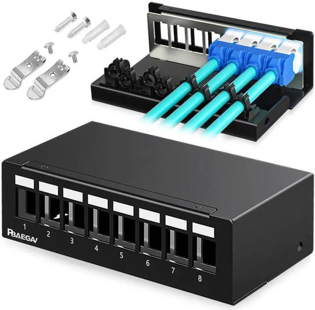Main image of PBAEGAV Patch Panel 8 Port Keystone Network STP Blank Patch Panel Compatible with LC/SC/ST/FC/USB/HDMI Keystone Jack for Desk Mount Home Ethernet Termination Box(1U 8 Port)