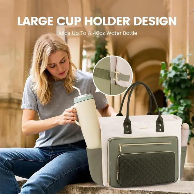 Alt view image 5 of 5 - LOVEVOOK 17 Inch Laptop Tote Bag for Women, Teacher Nurse Work Bags, Laptop Bag With Large Cup Holder, Professional Briefcase Business Computer Purses Handbag,Light Green-Beige-Olive Green